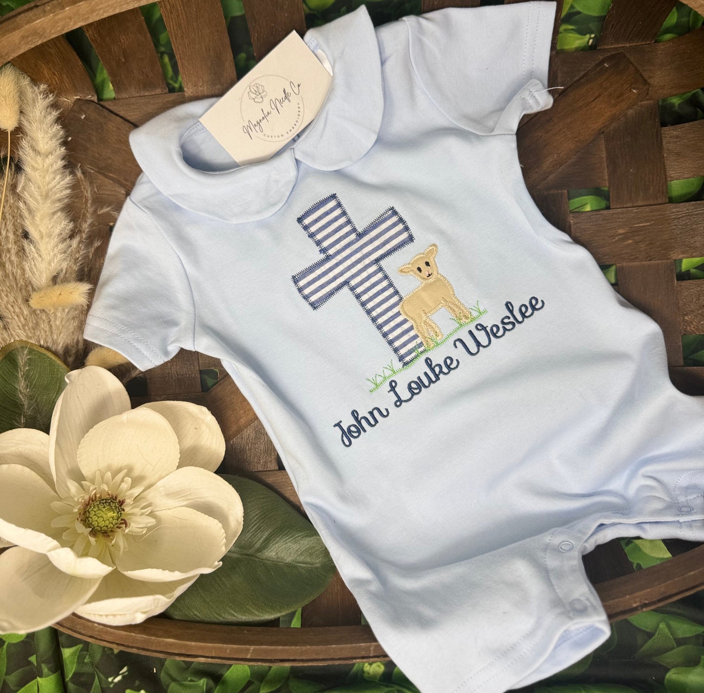 Boys Easter Romper with lamb and Cross