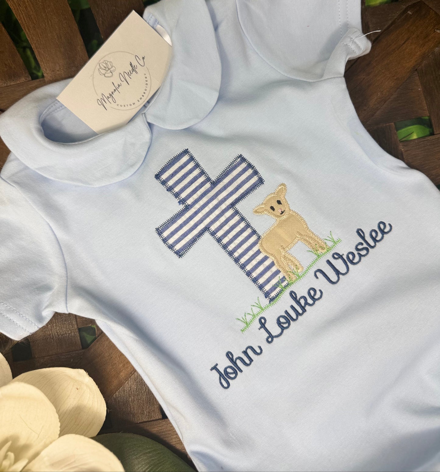 Boys Easter Romper with lamb and Cross