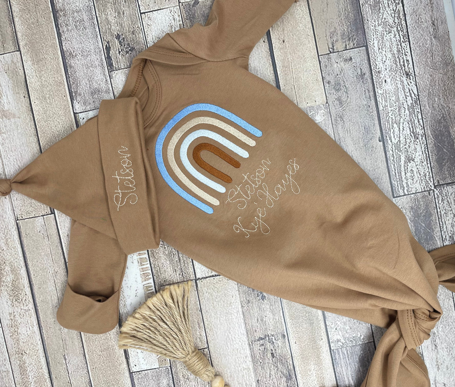 Rainbow baby tie knot gown, monogrammed tie knot gown, embroidered baby Gown