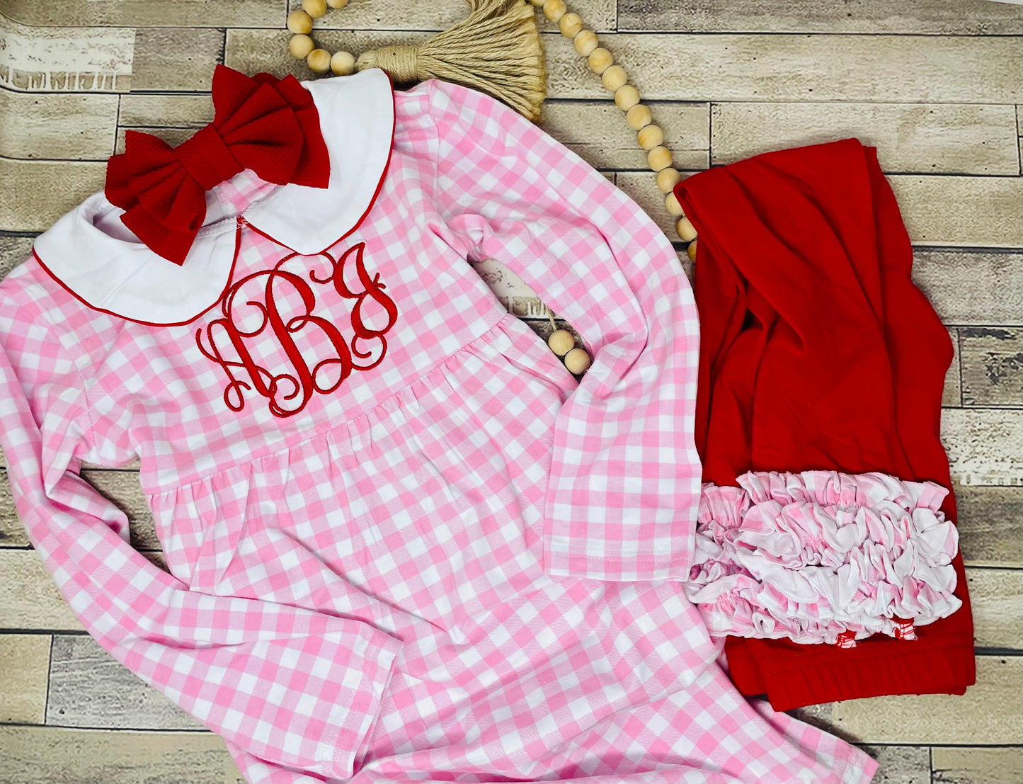 Pink and red gingham pants set